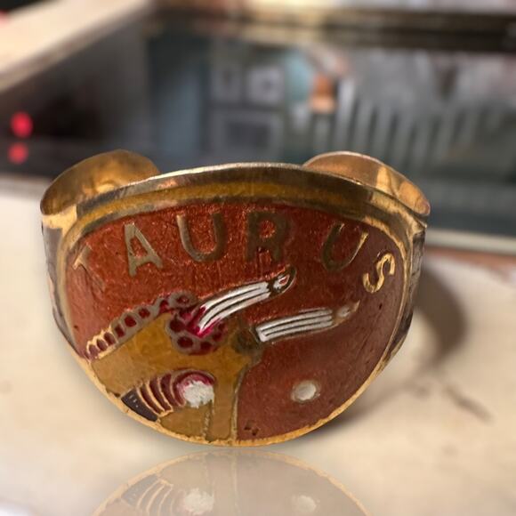 Vintage Brass Hand Painted TAURUS Zodiac Astrology Cuff Bracelet - Picture 3 of 9